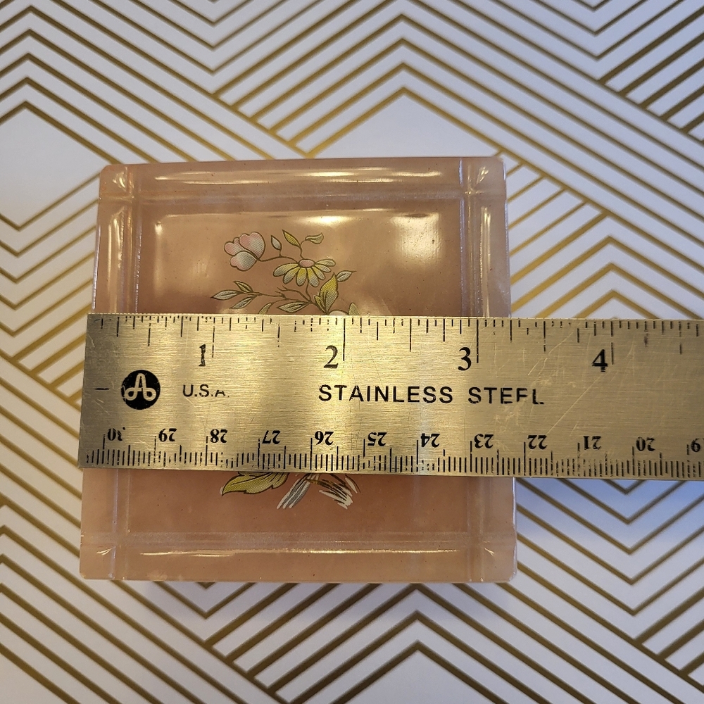 VTG Genuine Alabaster Stone Square Trinket Jewelry Box Hinged Peach Floral Brass - Picture 14 of 15